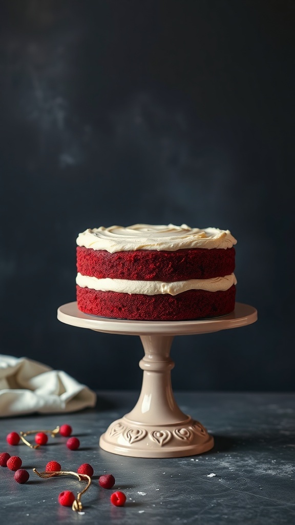 A beautifully decorated red velvet cake with cream cheese frosting on a cake stand.