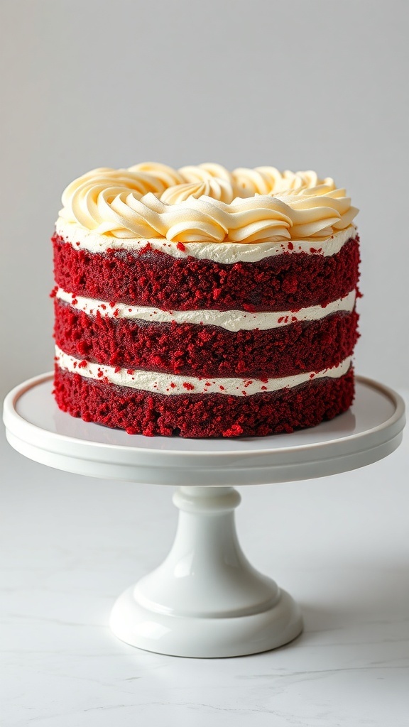 A three-layer red velvet cake with cream cheese frosting swirls on top, displayed on a white cake stand.