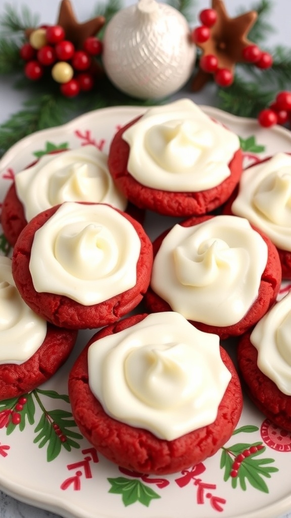 A plate of Red Velvet Christmas Cookies topped with cream cheese frosting, surrounded by holiday decorations.