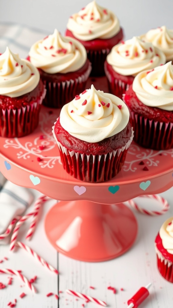 Delicious red velvet cupcakes topped with cream cheese frosting and festive decorations on a pink cake stand.