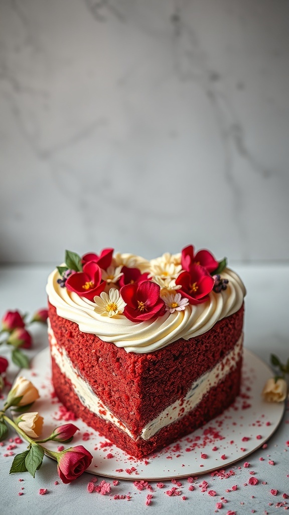 A heart-shaped red velvet cake decorated with flowers and cream cheese frosting.