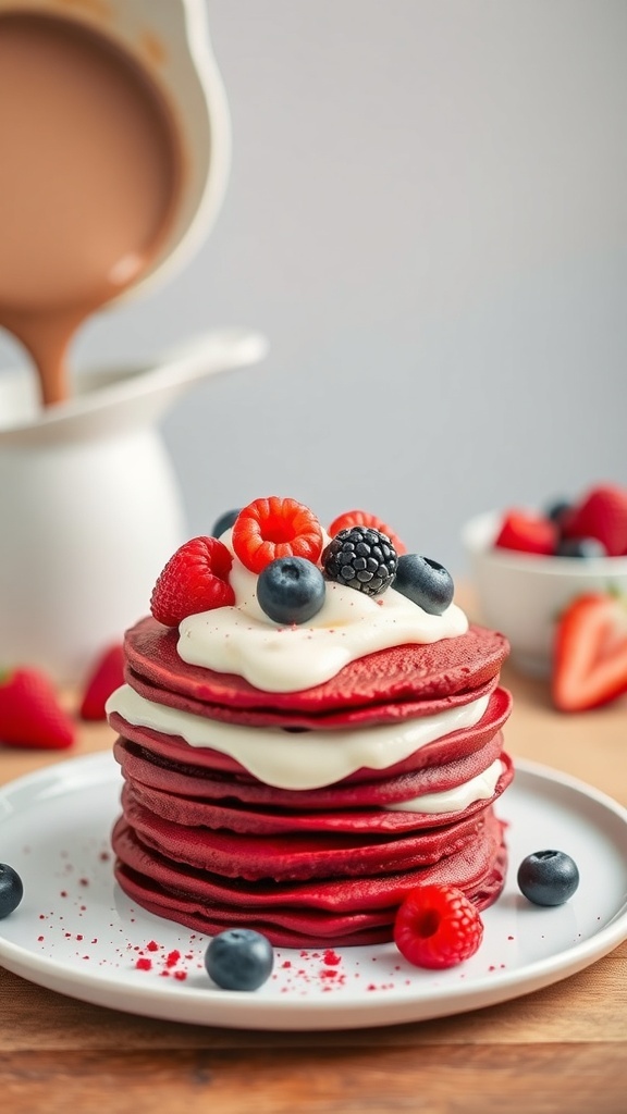 A stack of red velvet pancakes topped with cream cheese frosting and fresh berries.