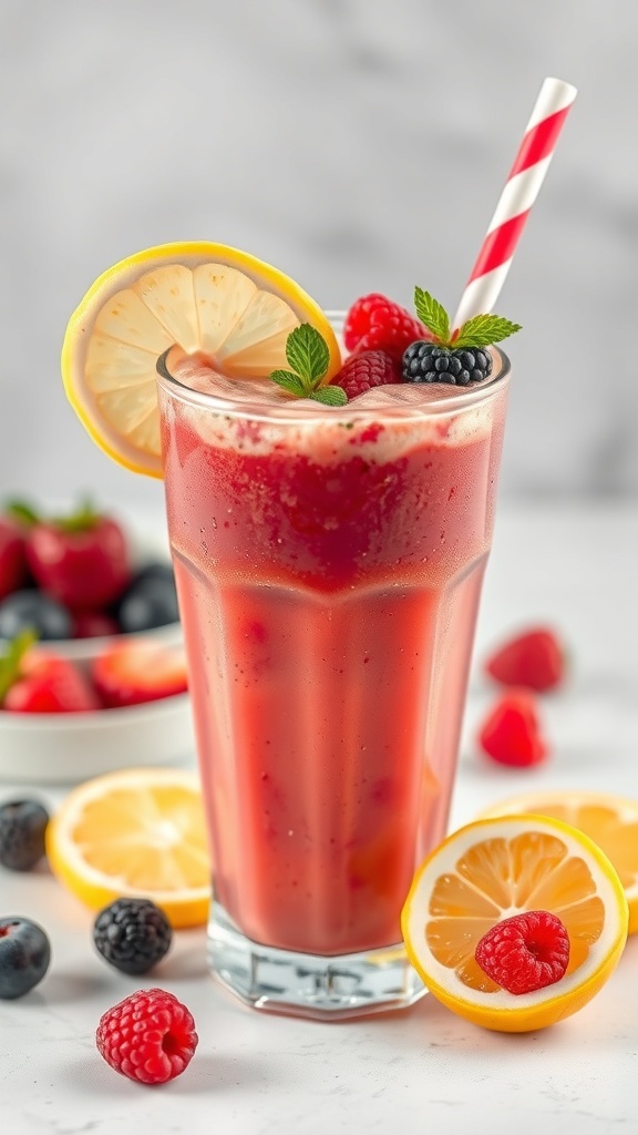 A refreshing berry lemonade smoothie in a tall glass with lemon slices and berries around it.