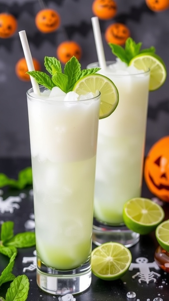 Ghostly Coconut Lime Cooler in glasses with ice, garnished with lime and mint, against a Halloween-themed backdrop.