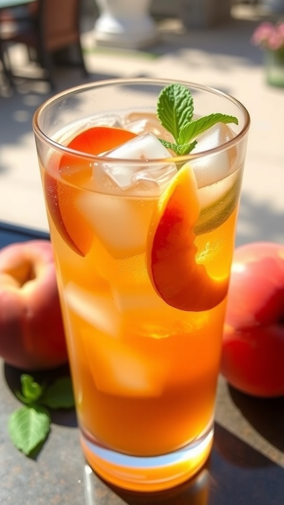 A glass of Phantom Peach Iced Tea with ice, peach slices, and mint, set on a sunny patio.