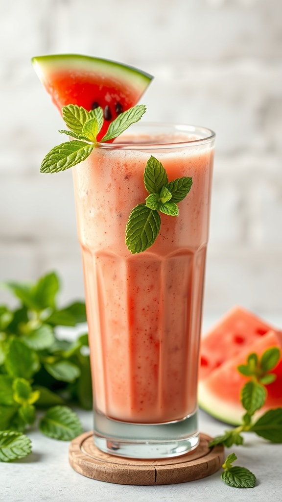 A refreshing watermelon mint smoothie in a tall glass, garnished with mint leaves and a slice of watermelon.