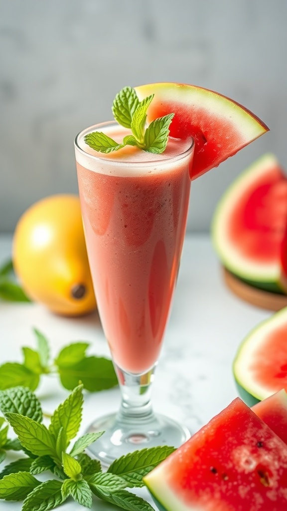 A refreshing watermelon mint cooler served in a tall glass, garnished with a mint leaf and a slice of watermelon.