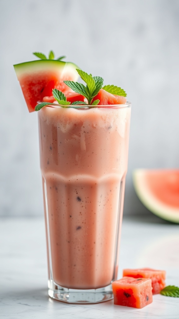 A refreshing watermelon mint smoothie in a tall glass, garnished with mint leaves and watermelon slices.