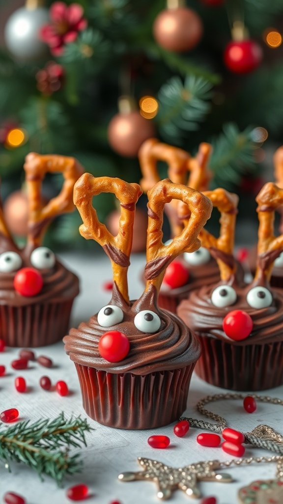 Festive Reindeer Cupcakes with pretzel antlers, red candy noses, and googly eyes.