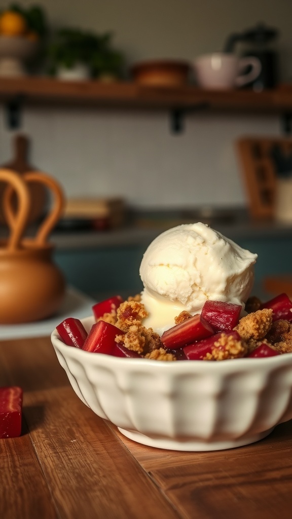 A bowl of rhubarb crisp topped with vanilla ice cream, set on a wooden table.