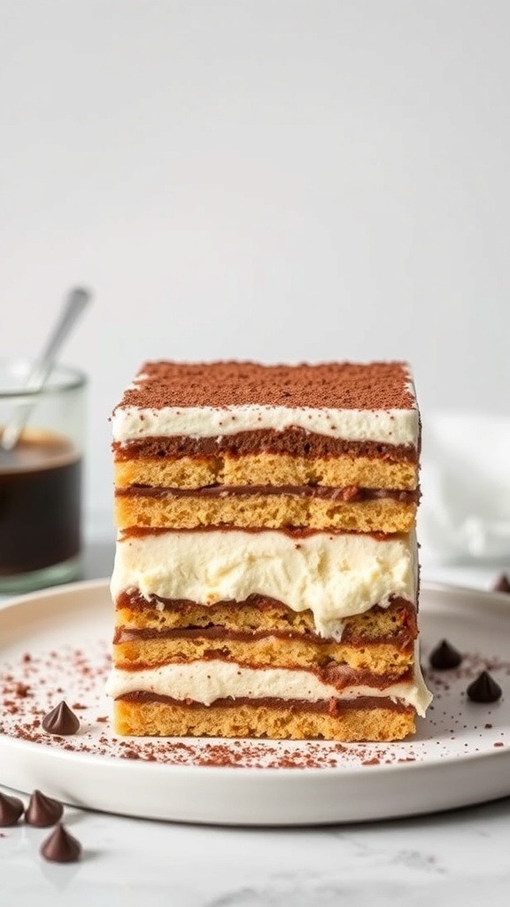 A delicious layered tiramisu dessert with coffee and mascarpone cream.