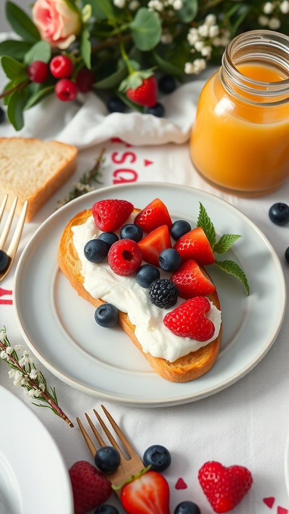 A plate of ricotta and berry toast with fresh fruits and a jar of orange juice