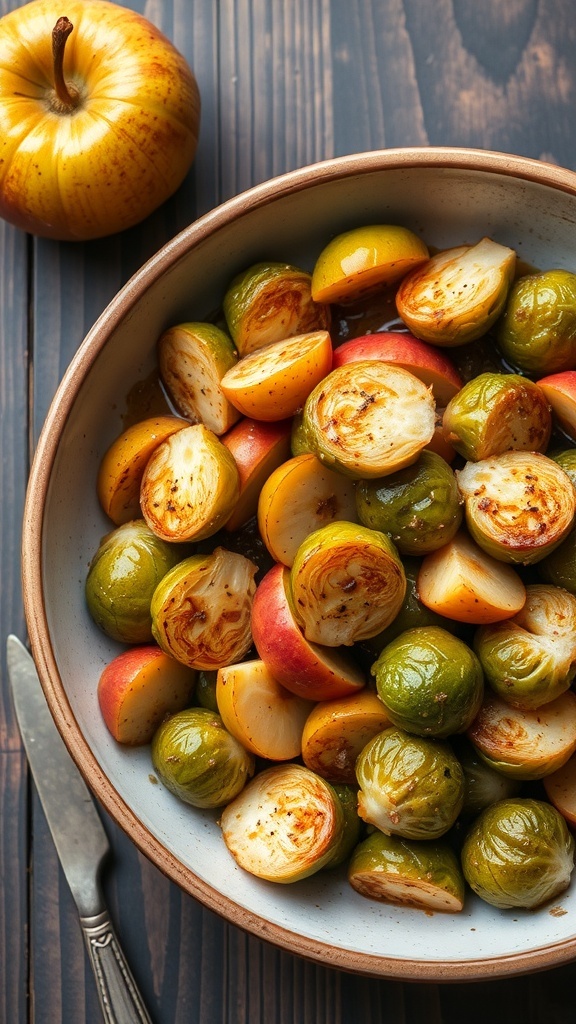 A bowl of roasted apples and Brussels sprouts, showcasing their vibrant colors and textures.