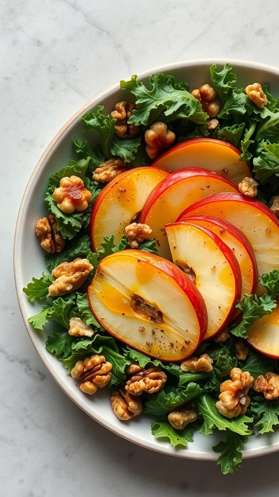 A bowl of roasted apple and kale salad with walnuts