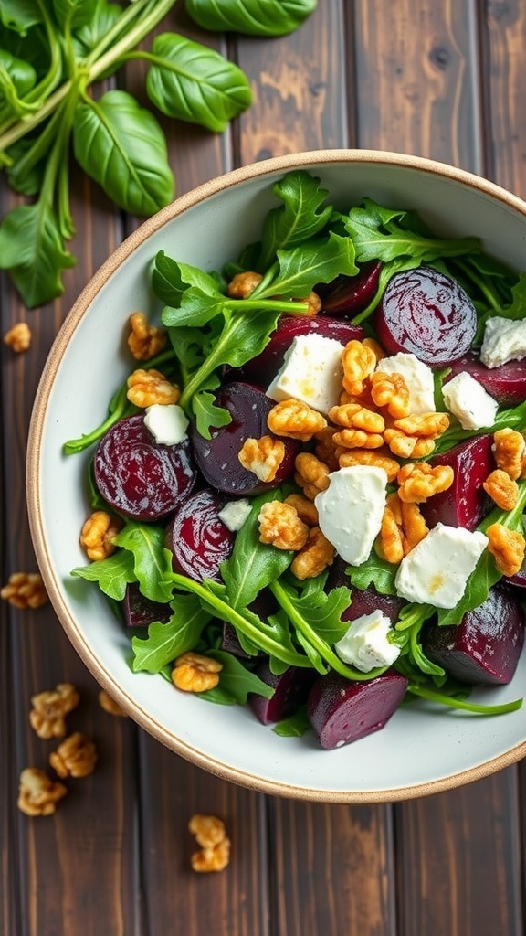 A bowl of roasted beet and arugula salad with walnuts and feta cheese on a wooden table.