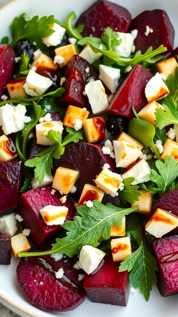A colorful roasted beet and feta salad with greens and walnuts.