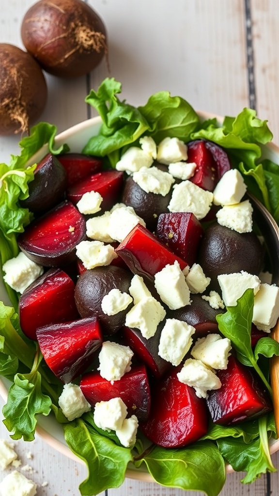 A colorful roasted beet and goat cheese salad with fresh greens.