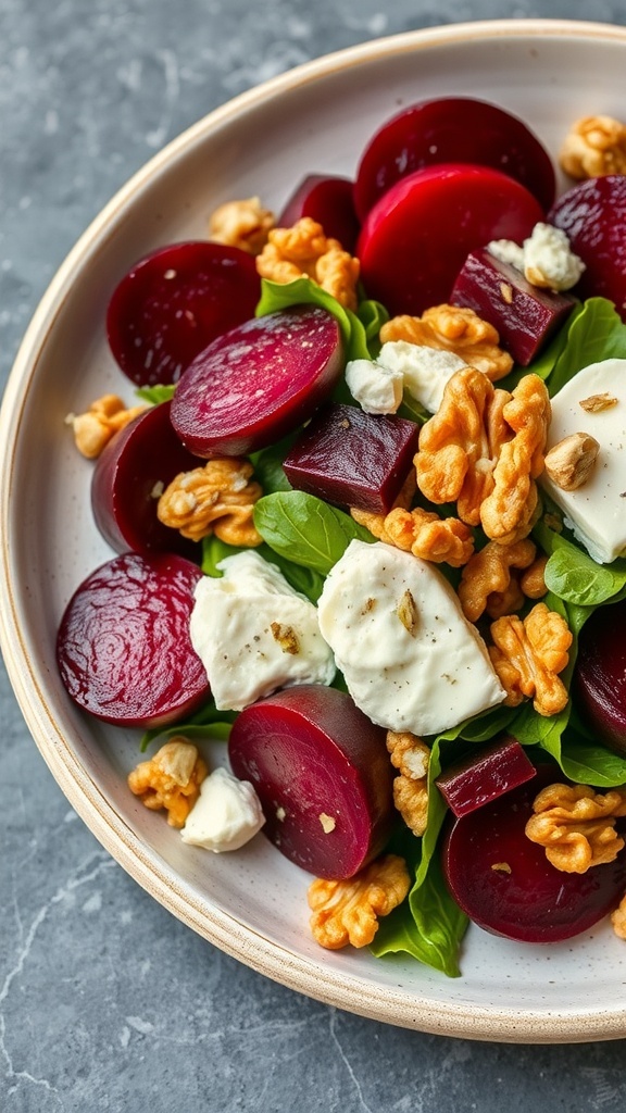 A colorful salad with roasted beets, goat cheese, walnuts, and greens.