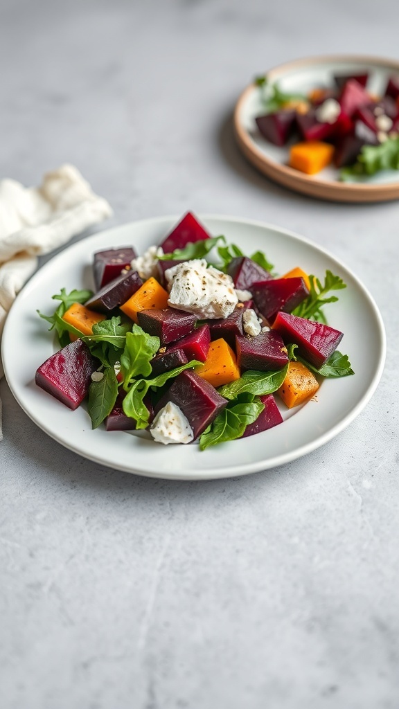 A vibrant roasted beet and goat cheese salad on a white plate, featuring colorful beets, greens, and creamy cheese.