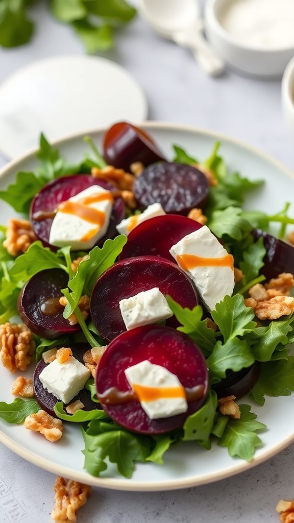 A colorful roasted beet and goat cheese salad with arugula and walnuts.