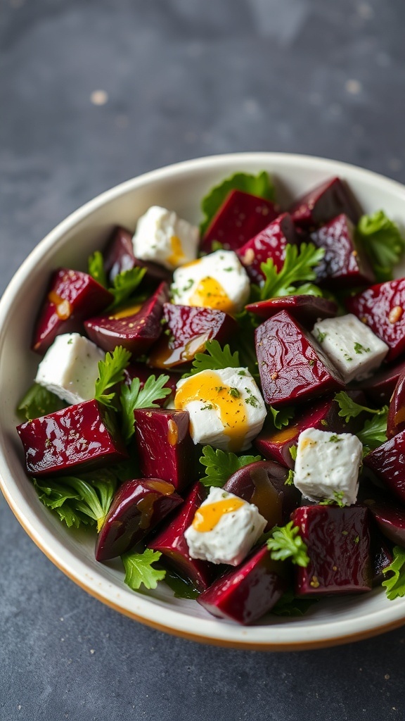 A colorful salad featuring roasted beets, goat cheese, and fresh herbs.