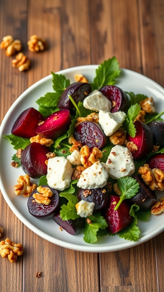 A colorful roasted beet salad with greens, walnuts, and cheese on a wooden table.
