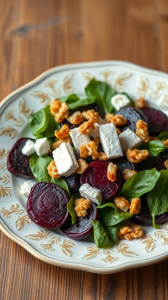 A vibrant roasted beet salad with goat cheese, spinach, and walnuts on a decorative plate.