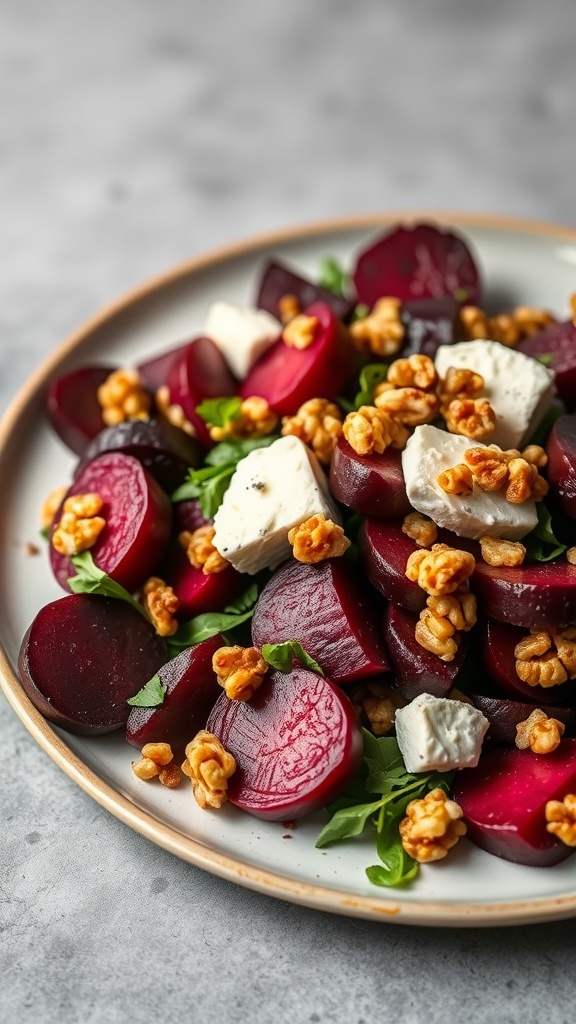 A vibrant roasted beet salad with goat cheese and walnuts on a plate.