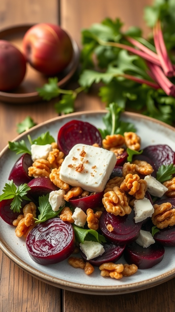 A colorful roasted beet salad with goat cheese, walnuts, and fresh greens on a plate.