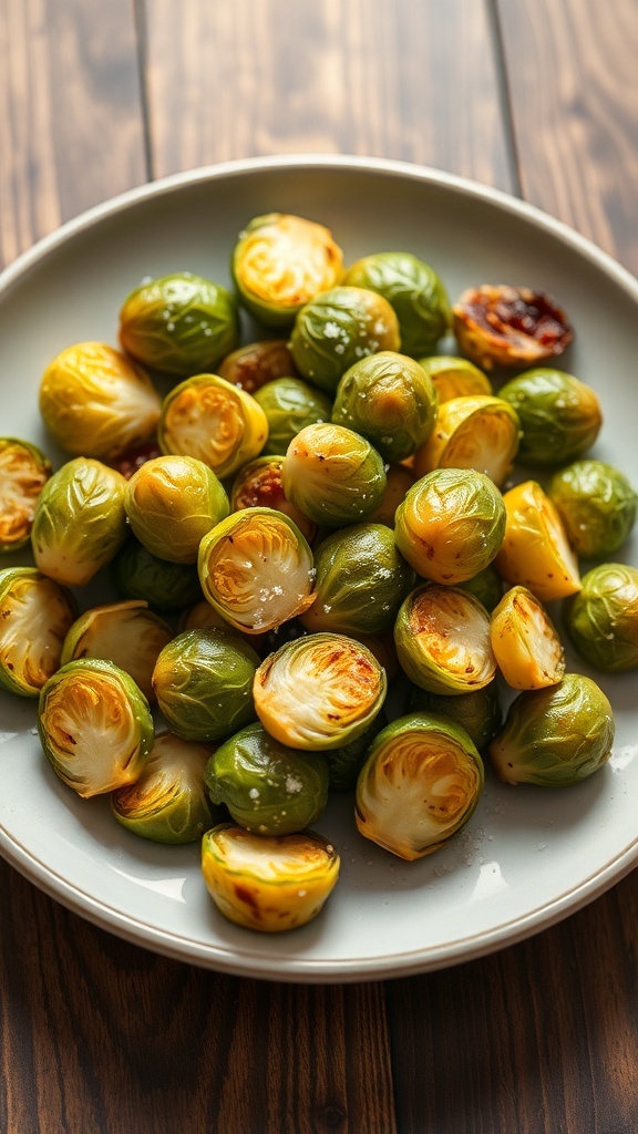 A plate of roasted Brussels sprouts, golden brown and crispy, arranged neatly.