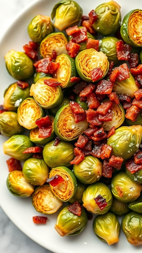 A plate of roasted Brussels sprouts topped with crispy bacon pieces.