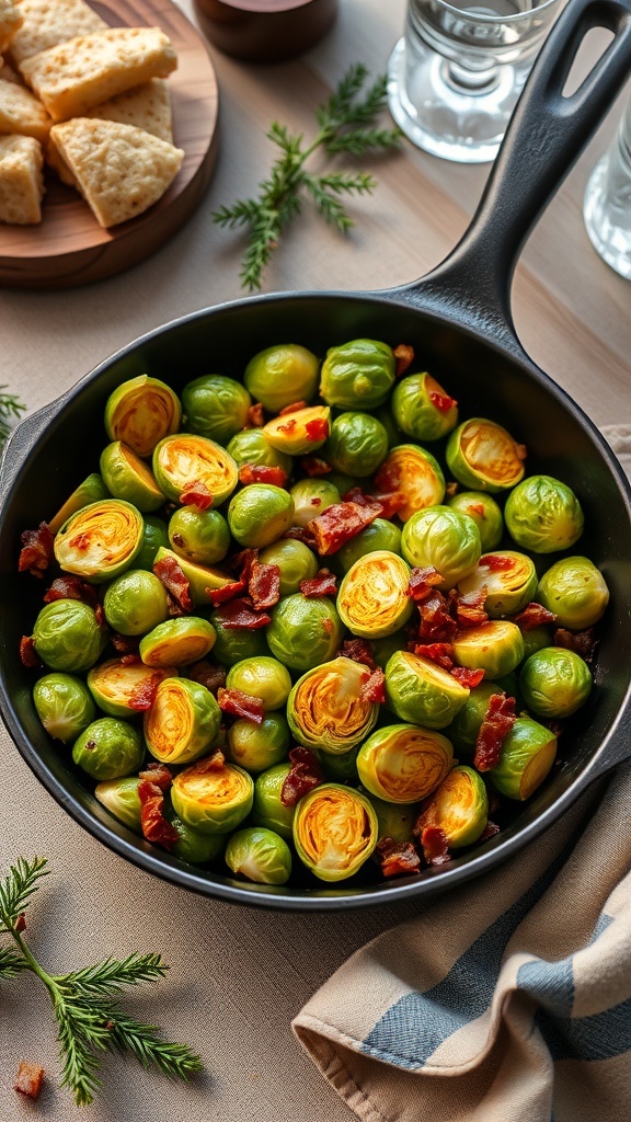 A skillet filled with roasted Brussels sprouts and crispy bacon, garnished with herbs and served with bread.