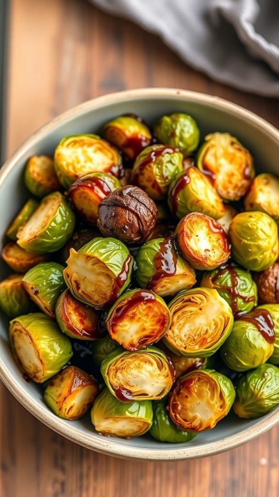 Bowl of roasted Brussels sprouts with balsamic glaze