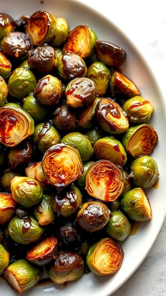 A plate of roasted Brussels sprouts drizzled with balsamic glaze, showcasing their crispy texture and vibrant color.