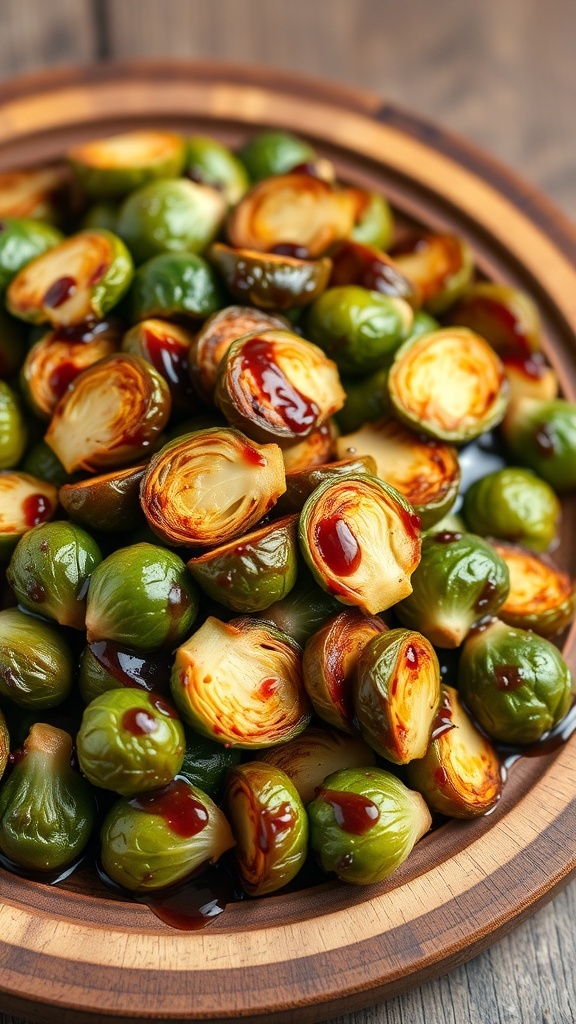 A wooden bowl filled with roasted Brussels sprouts drizzled with balsamic glaze.