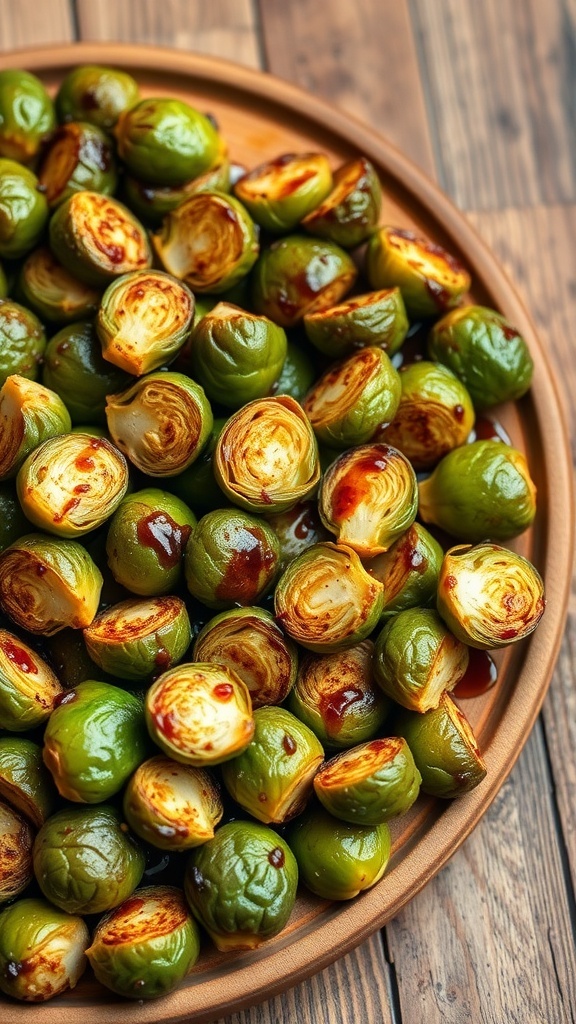 A plate of roasted Brussels sprouts drizzled with balsamic glaze.