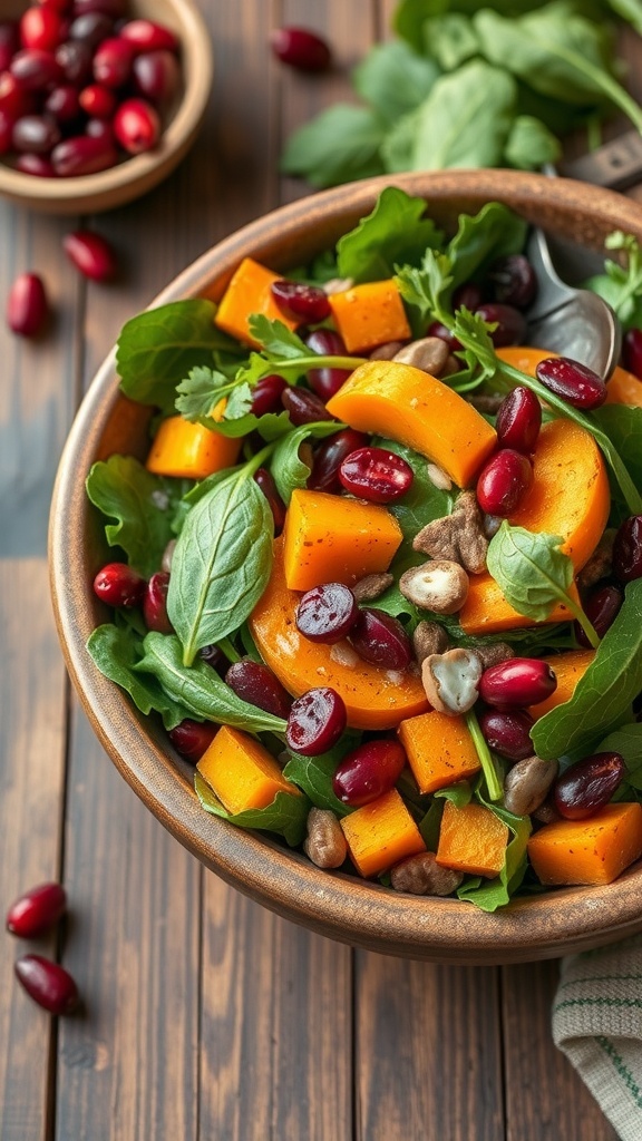A bowl of roasted butternut squash salad with greens and kidney beans.