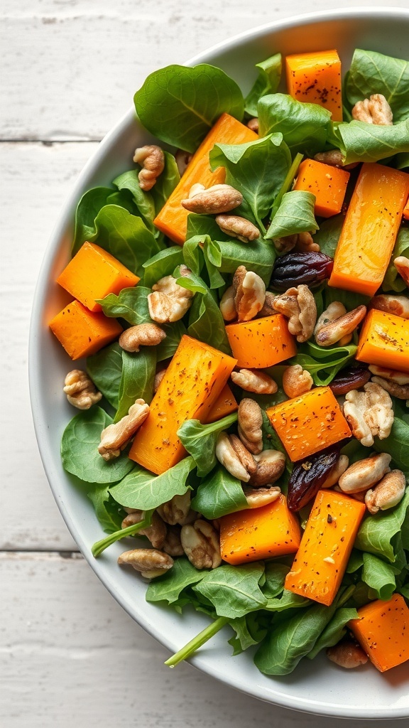 A bowl of roasted butternut squash salad with greens, walnuts, and cranberries.