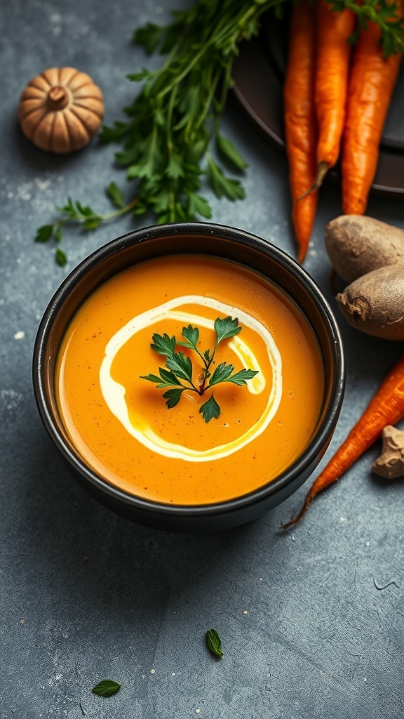 A bowl of roasted carrot and ginger soup garnished with a sprig of green herb, with a carrot and herbs in the background.