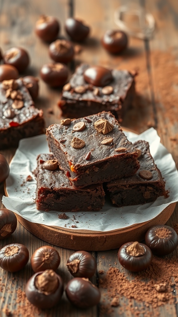 Delicious roasted chestnut brownies on a wooden plate, surrounded by whole roasted chestnuts.