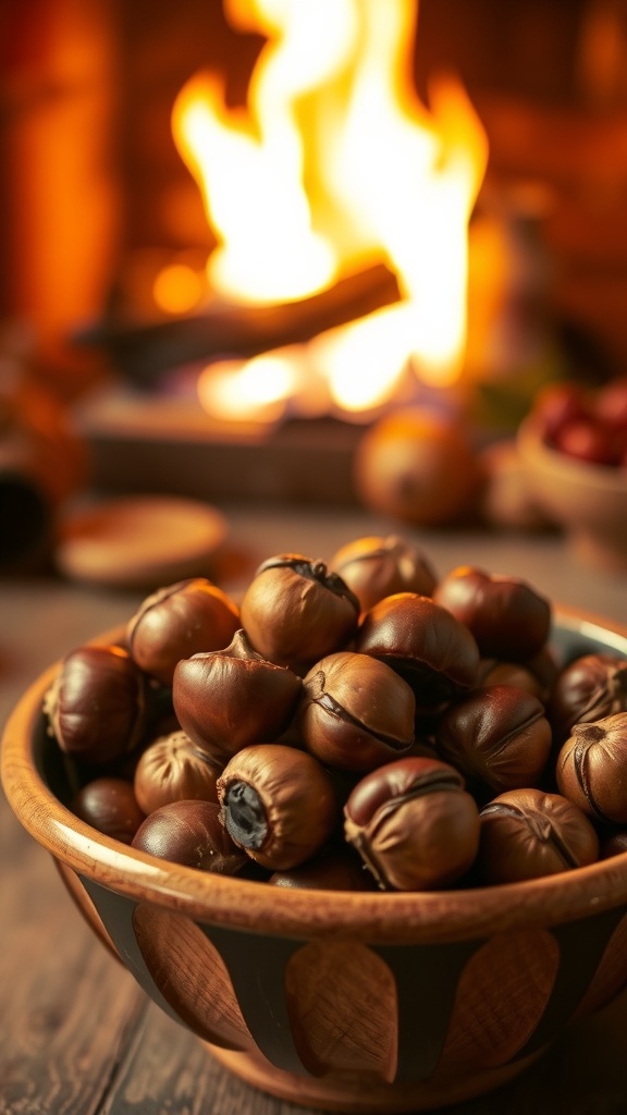 A bowl of roasted chestnuts with a warm fire in the background.