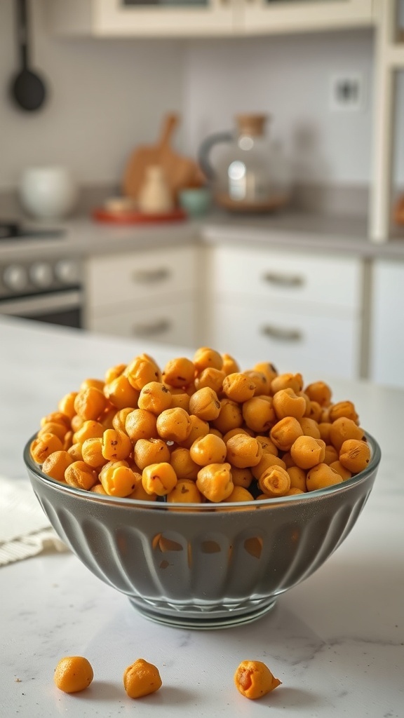A bowl of roasted chickpeas on a kitchen countertop.
