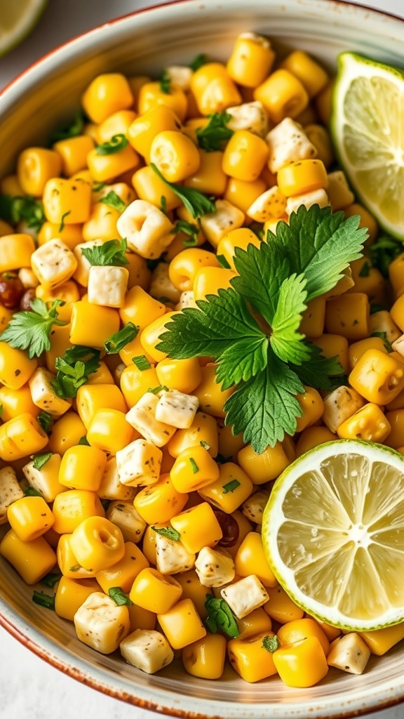 A bowl of roasted corn salad with lime and herbs