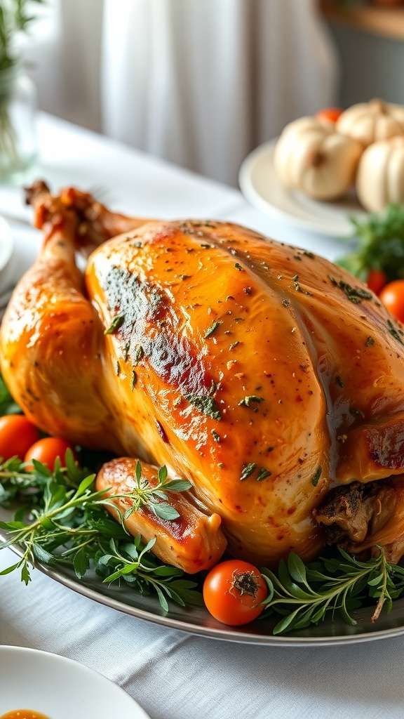 A beautifully roasted turkey with garlic and herbs, garnished with fresh herbs and tomatoes, ready for Christmas dinner.