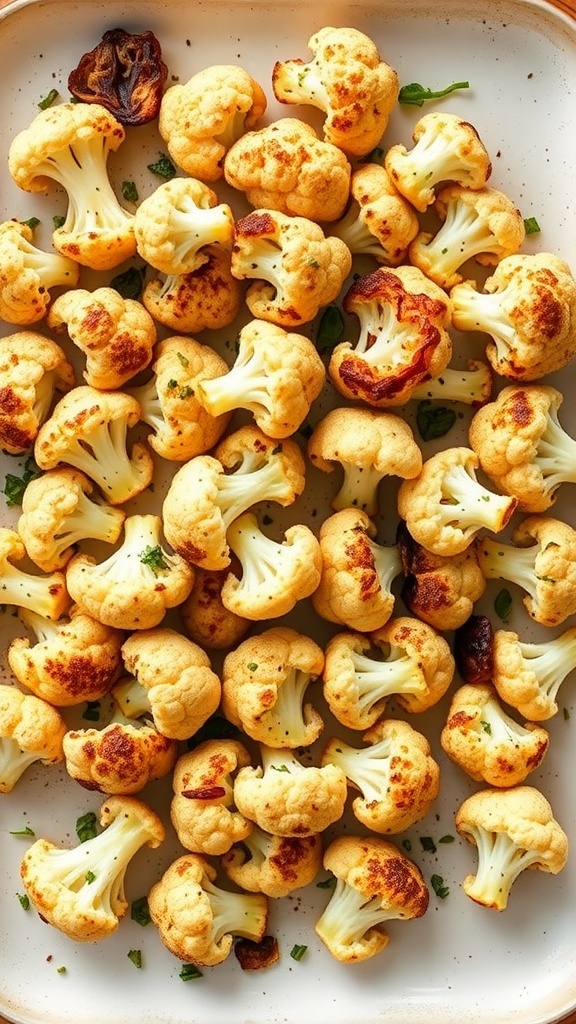 A platter of roasted garlic and herb cauliflower florets, golden brown and garnished with herbs.