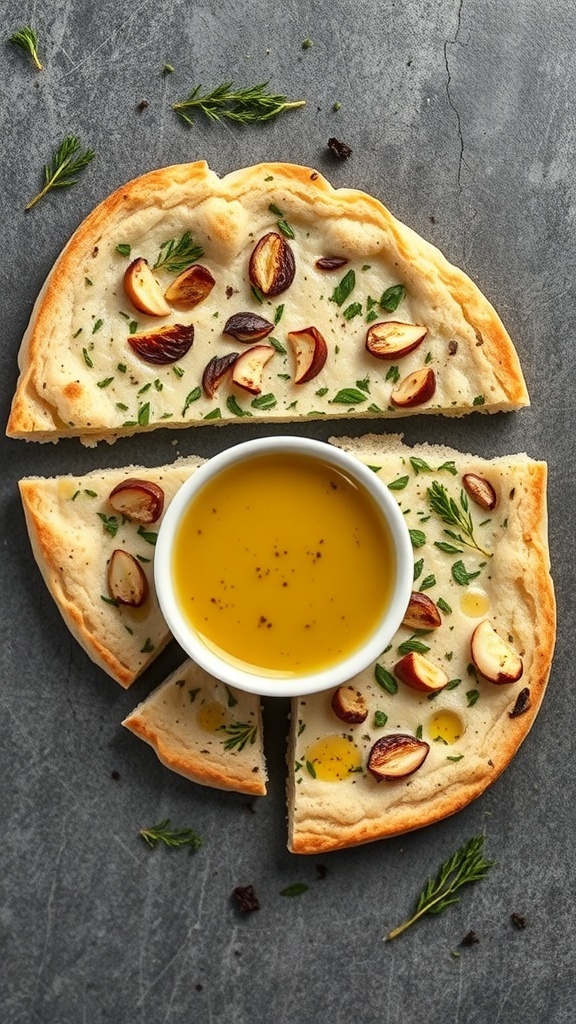 Roasted garlic and herb flatbread served with olive oil