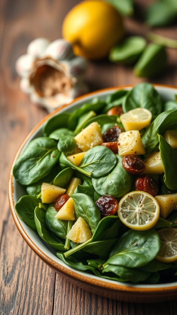 A bowl of roasted garlic and spinach salad with lemon slices and dried fruits on a wooden table.