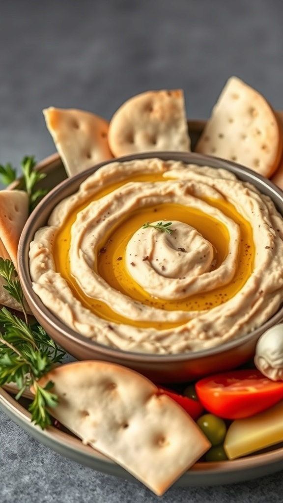 A bowl of roasted garlic hummus surrounded by pita chips and colorful vegetables.