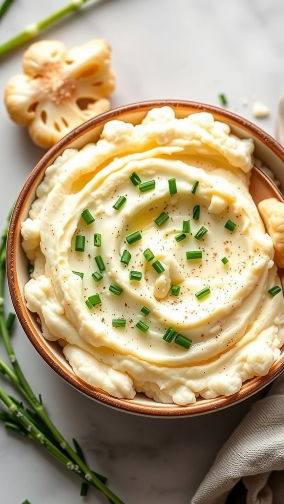 A bowl of roasted garlic mashed cauliflower topped with chives.