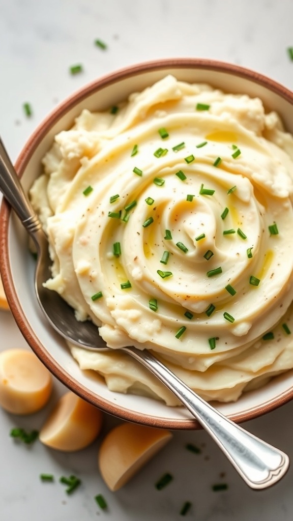 A bowl of creamy roasted garlic mashed potatoes topped with chives, with a spoon resting beside it.